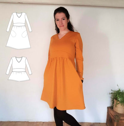 Top/Robe "Leonfe" du 32 au 56, patron de couture pdf à télécharger, modèle orange en jersey avec encolure en V et poches.