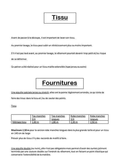 Tableau des métrages de tissu et fournitures pour le Top/Robe "Leonfe" du 32 au 56, patron de couture pdf à télécharger.