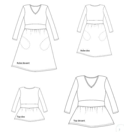 Patron de couture pdf à télécharger pour Top/Robe "Leonfe" du 32 au 56 avec encolure en V, ceinture incorporée et basque froncée.