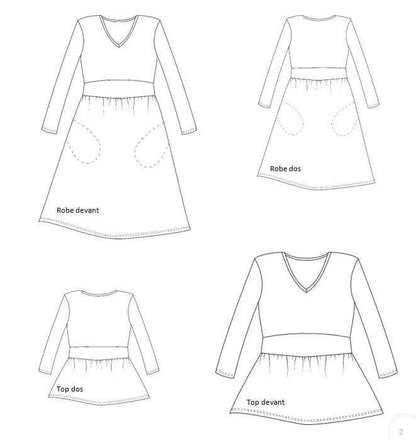 Patron de couture pdf à télécharger pour Top/Robe "Leonfe" du 32 au 56 avec encolure en V, ceinture incorporée et basque froncée.