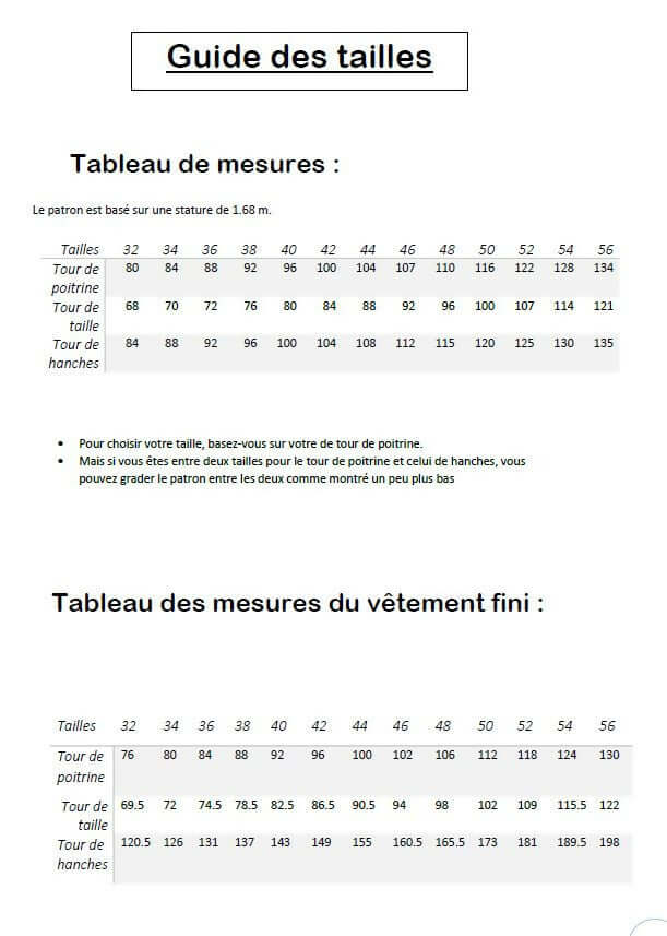 Guide des tailles pour Top/Robe "Leonfe" du 32 au 56, patron de couture pdf à télécharger. Mesures de tour de poitrine et hanches.