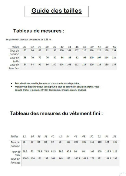 Guide des tailles pour Top/Robe "Leonfe" du 32 au 56, patron de couture pdf à télécharger. Mesures de tour de poitrine et hanches.