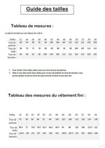 Guide des tailles pour Top/Robe "Leonfe" du 32 au 56, patron de couture pdf à télécharger. Mesures de tour de poitrine et hanches.