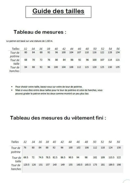 Guide des tailles pour Top/Robe "Leonfe" du 32 au 56, patron de couture pdf à télécharger. Mesures de tour de poitrine et hanches.