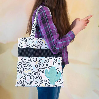 Tote bag, avec couture anglaise, motif géométrique et cactus, patron de couture pdf à télécharger.