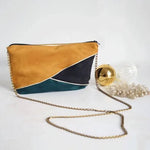 Trio de pochettes - patron de couture pdf à télécharger avec empiècements géométriques, sac à main élégant avec chaîne dorée.