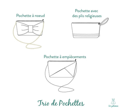 Patron de couture Trio de pochettes avec nœud décoratif, plis religieuses et empiècements géométriques. PDF à télécharger.