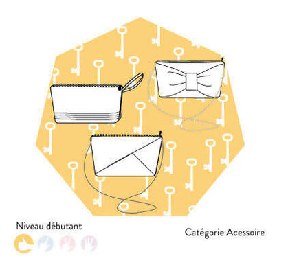 Illustration Trio de pochettes avec éléments géométriques, plis religieuses et gros nœud. Patron de couture pdf à télécharger.