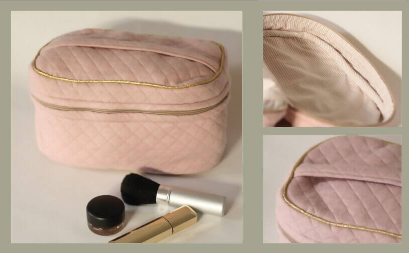 Vanity élégant rose avec maquillage, patron de couture pdf à télécharger pour voyageur organisé.