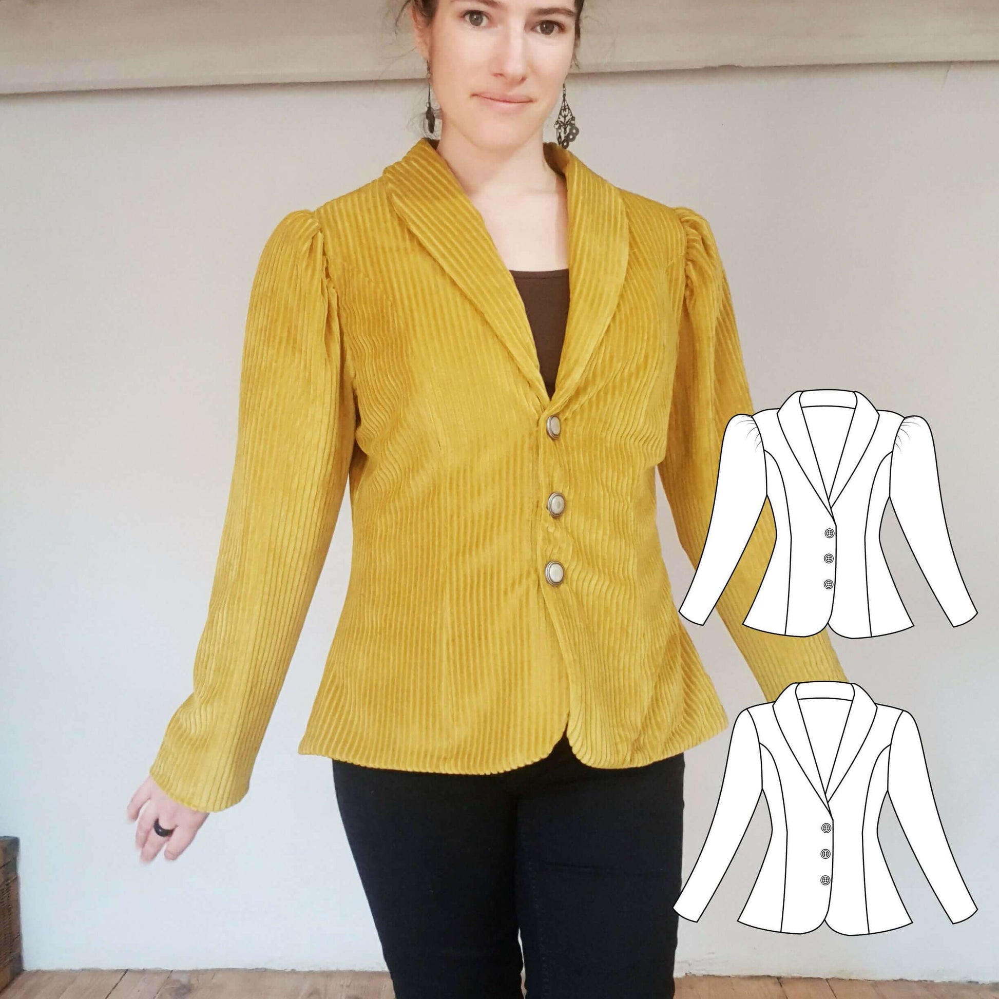 Veste "Arybelle" jaune moutarde avec manches gigots et col châle, disponibilité du 32 au 60, style élégant pour demi-saison.