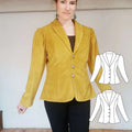 Veste "Arybelle" jaune moutarde avec manches gigots et col châle, disponibilité du 32 au 60, style élégant pour demi-saison.