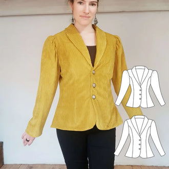 Veste "Arybelle" jaune moutarde avec manches gigots et col châle, disponibilité du 32 au 60, style élégant pour demi-saison.