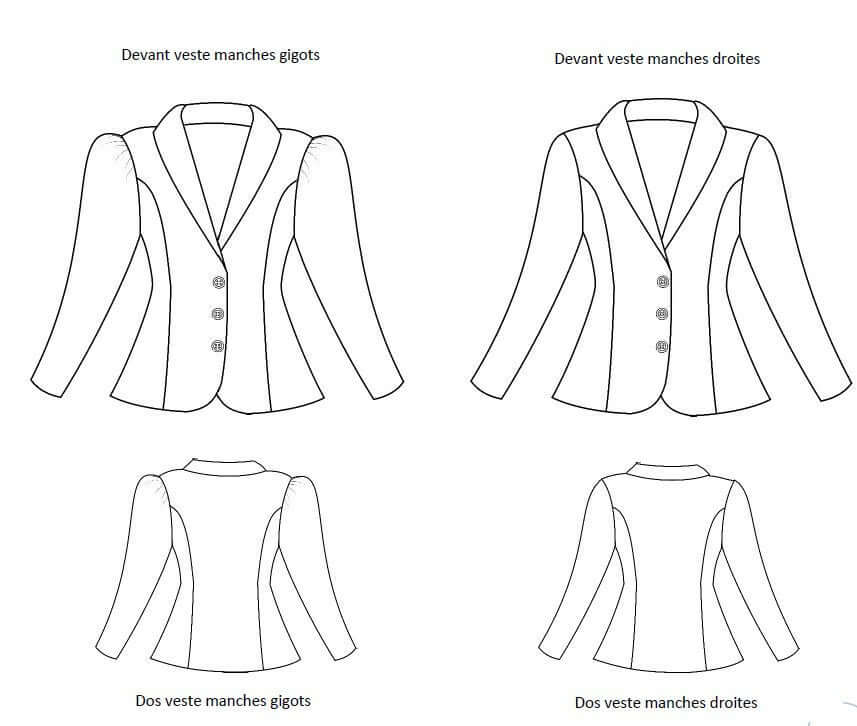 Schéma de la veste Arybelle avec manches gigots et droites, montrant l'avant et l'arrière. Couture élégante.
