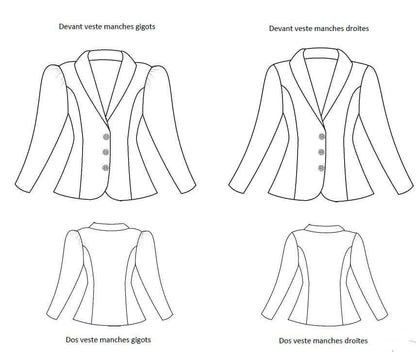 Schéma de la veste Arybelle avec manches gigots et droites, montrant l'avant et l'arrière. Couture élégante.