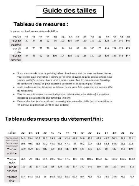 Tableau des tailles pour la veste Arybelle, incluant mesures du patron et du vêtement fini, guide en couture.