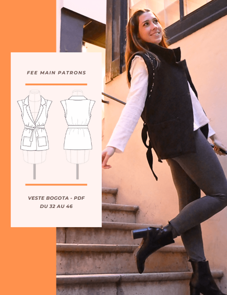 Femme élégante portant la veste Bogota, modèle PDF, décontractée et personnalisable, du 32 au 46.
