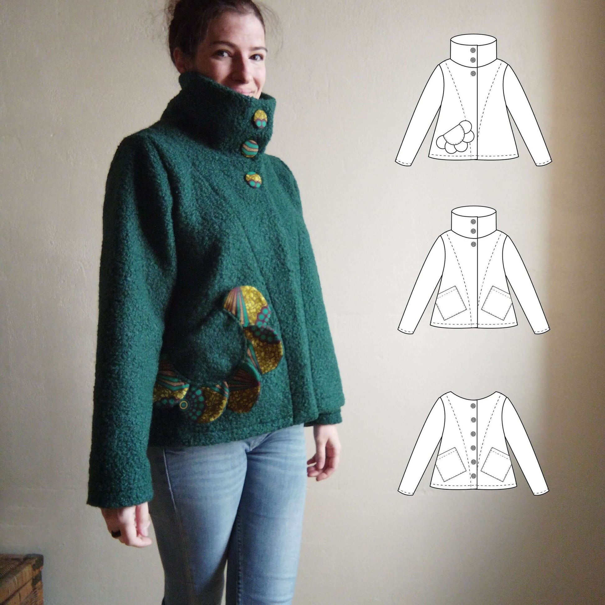 Veste "Camur" du 32 au 60 portée par un modèle avec patron de couture pdf à télécharger en arrière-plan.