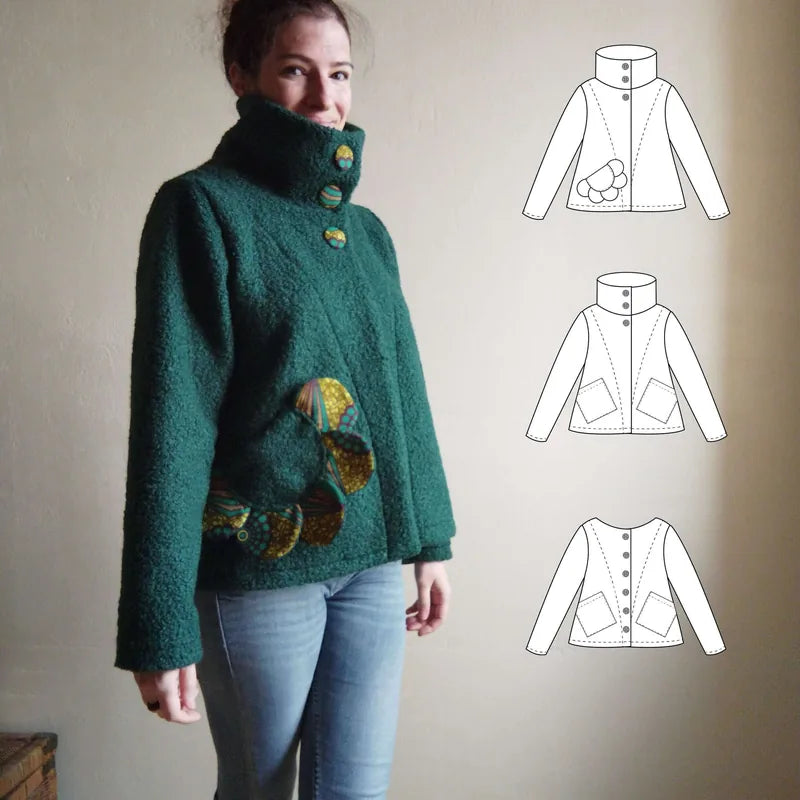 Veste "Camur" du 32 au 60 portée par un modèle avec patron de couture pdf à télécharger en arrière-plan.