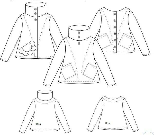 Illustration du patron de couture pdf à télécharger pour la Veste "Camur" du 32 au 60, montrant les différentes vues et détails du design.