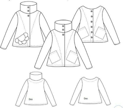 Illustration du patron de couture pdf à télécharger pour la Veste "Camur" du 32 au 60, montrant les différentes vues et détails du design.