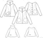 Illustration du patron de couture pdf à télécharger pour la Veste "Camur" du 32 au 60, montrant les différentes vues et détails du design.