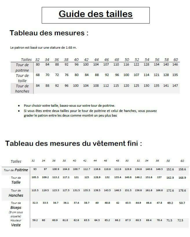 Guide des tailles pour Veste "Camur" du 32 au 60, patron de couture PDF à télécharger, tableau des mesures détaillées.