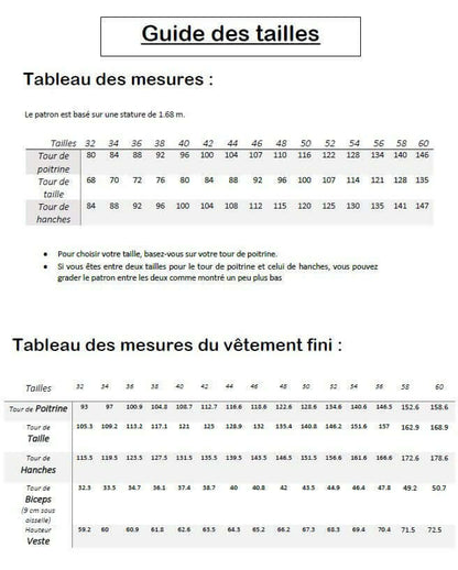 Guide des tailles pour Veste "Camur" du 32 au 60, patron de couture PDF à télécharger, tableau des mesures détaillées.