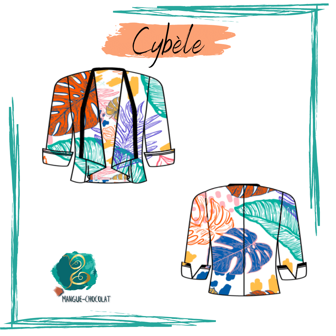 Illustration de la Veste Cybèle - T36 à 50, patron de couture PDF à télécharger, avec imprimé coloré et design chic.