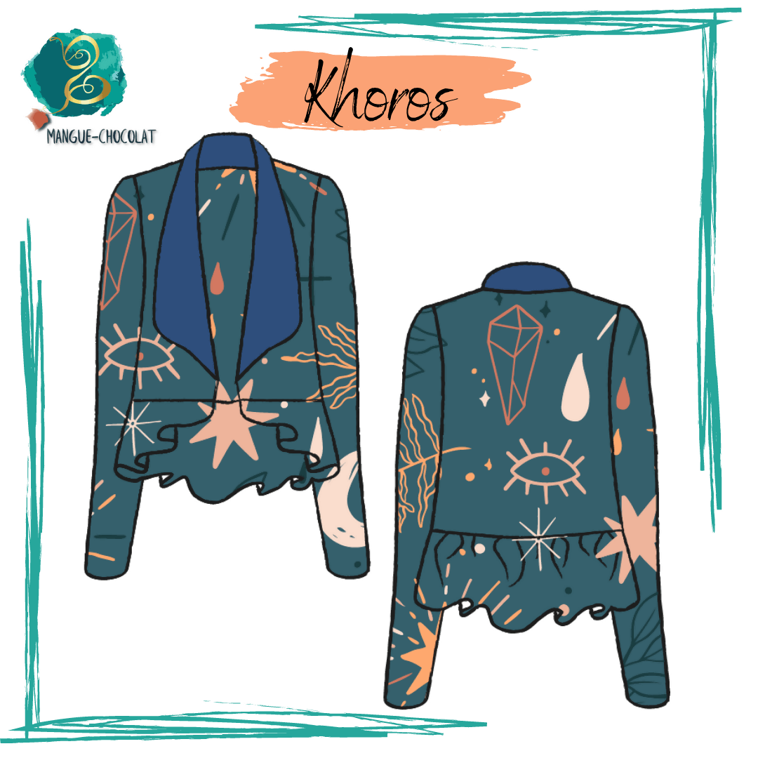 Veste Khoros - T36 à 50, patron de couture PDF à télécharger avec basque et col châle, élégante pour soirées et demi-saison.