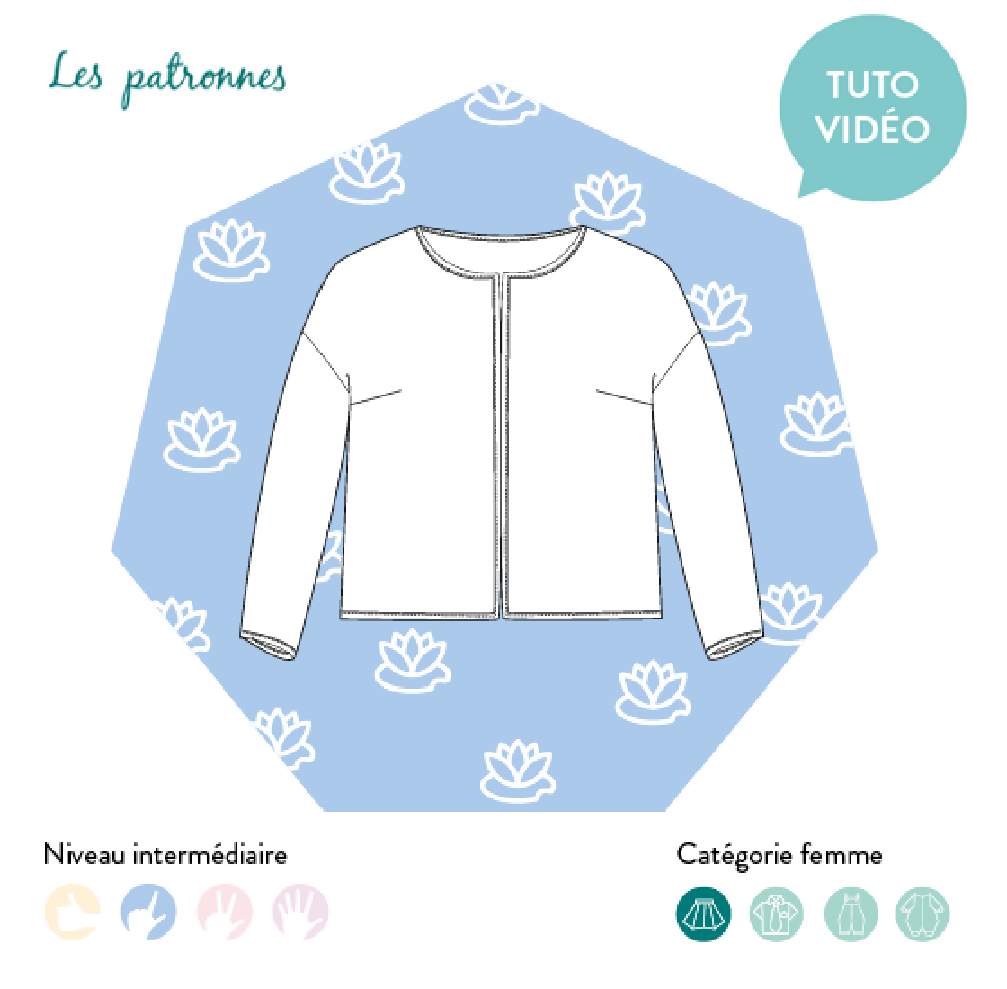 Veste Monet patron de couture pdf à télécharger, veste droite manches au choix, tuto vidéo inclus, niveau intermédiaire, catégorie femme.