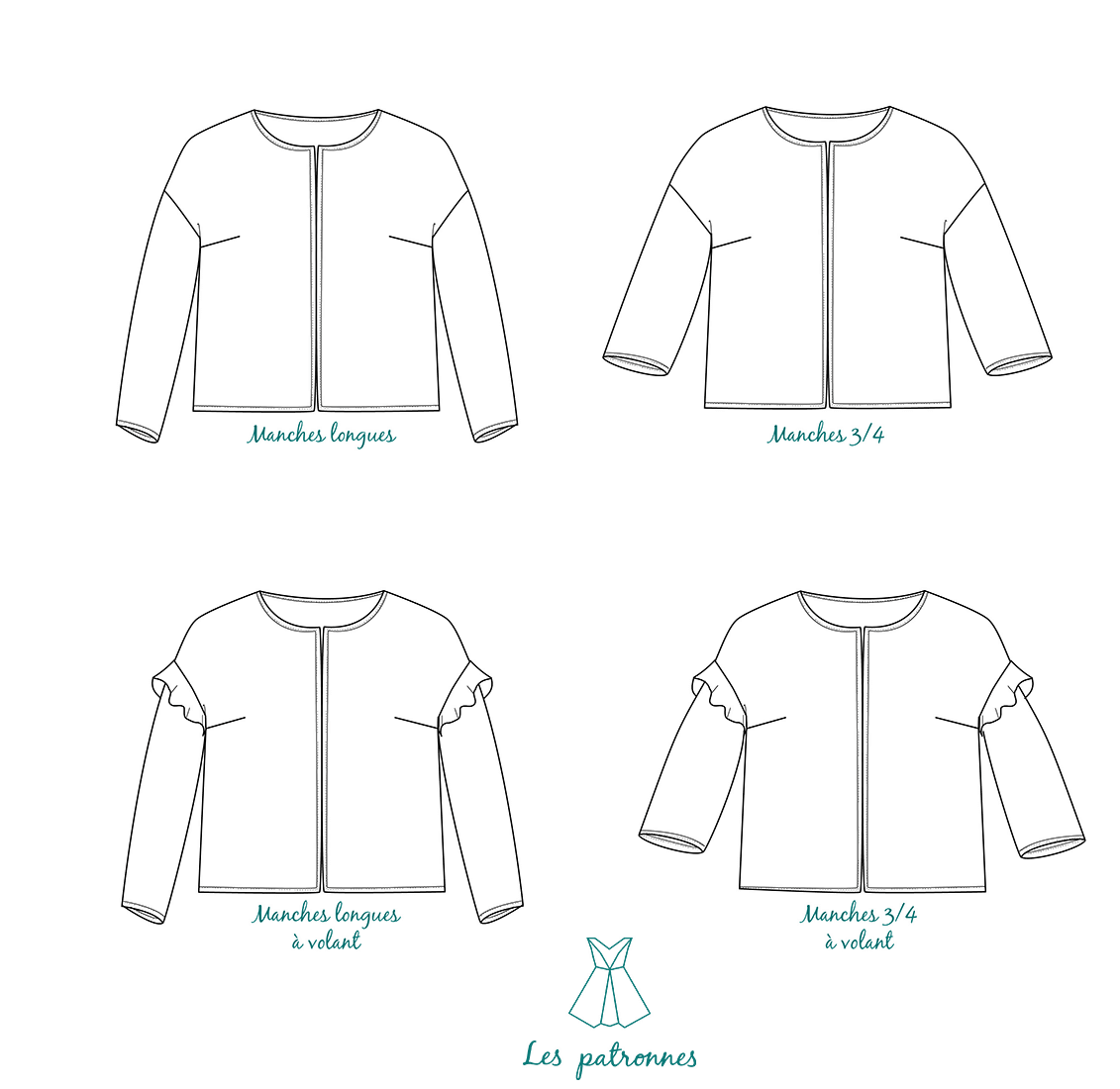 Illustrations des variations du patron de couture Veste Monet, manches longues ou 3/4, avec volant, patron de couture pdf à télécharger.