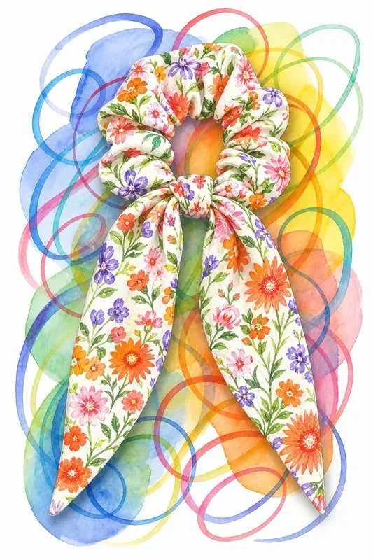 Chouchou foulchie en tissu floral avec deux pans façon foulard, patron PDF gratuit.