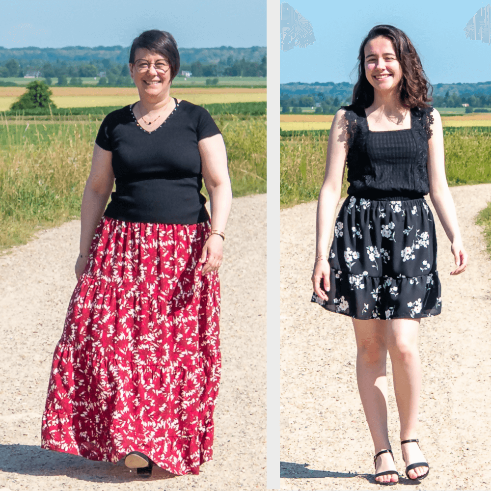 Deux modèles de jupes bohèmes : une longue à fleurs rouges et une courte à motifs noirs, parfaits pour des créations de couture.