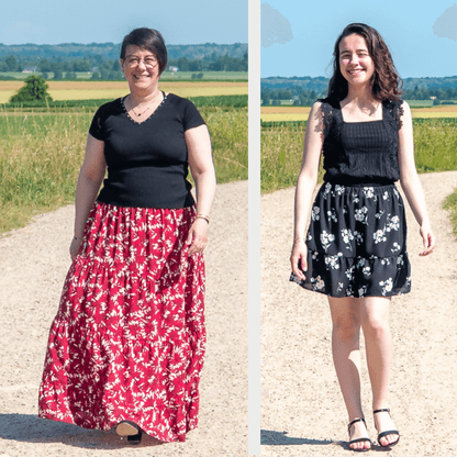 Deux modèles de jupes bohèmes : une longue à fleurs rouges et une courte à motifs noirs, parfaits pour des créations de couture.