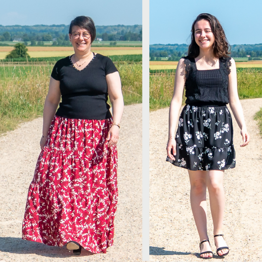Deux modèles de jupes bohèmes : une longue à fleurs rouges et une courte à motifs noirs, parfaits pour des créations de couture.