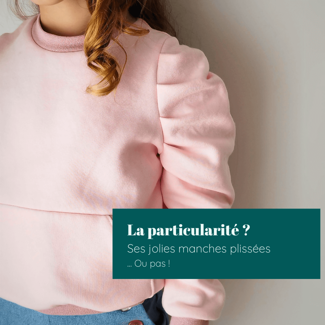 Pull rose pour enfants avec manches plissées, idéal pour la couture, PDF à télécharger, taille 2 à 12 ans.