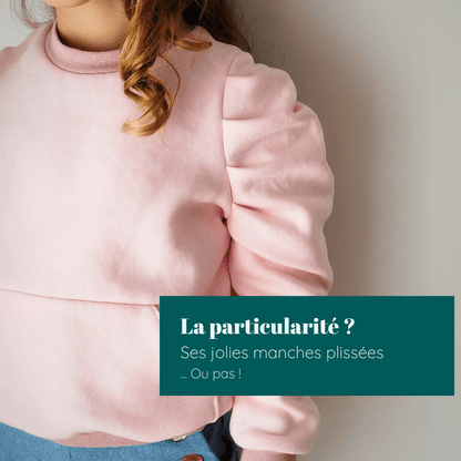 Pull rose pour enfants avec manches plissées, idéal pour la couture, PDF à télécharger, taille 2 à 12 ans.