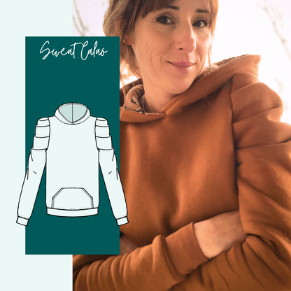 Sweat Calao pour femme, disponible en tailles 32-52, avec manches plissées, modèle à coudre en PDF.