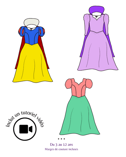 Patrons de couture PDF pour costumes de princesses, incluant un tutoriel vidéo, tailles 3 à 12 ans.