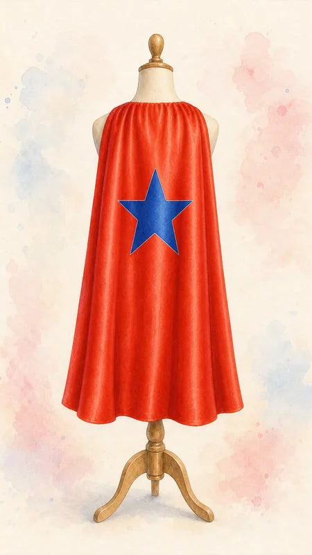 Cape de super héros réversible enfant en satin rouge avec une grande étoile bleue dans le dos, à coudre soi-même — patron de couture PDF gratuit à télécharger