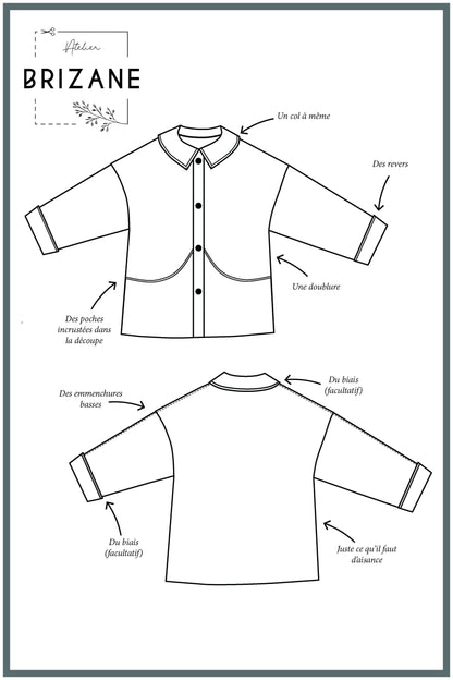 Plan de coupe de la veste Brizane, avec détails de design et caractéristiques clés.