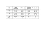 Guide des tailles pour Patron PDF Sous-Vêtement Homme FARAON du XS au XXL, incluant mesures en pouces et cm pour tailles et hanches.