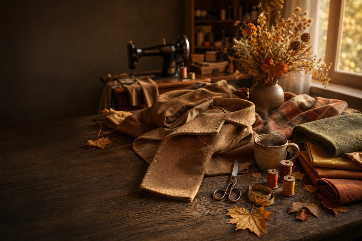 Atelier de couture d'automne : manteau en laine camel, tissus terracotta et machine à coudre