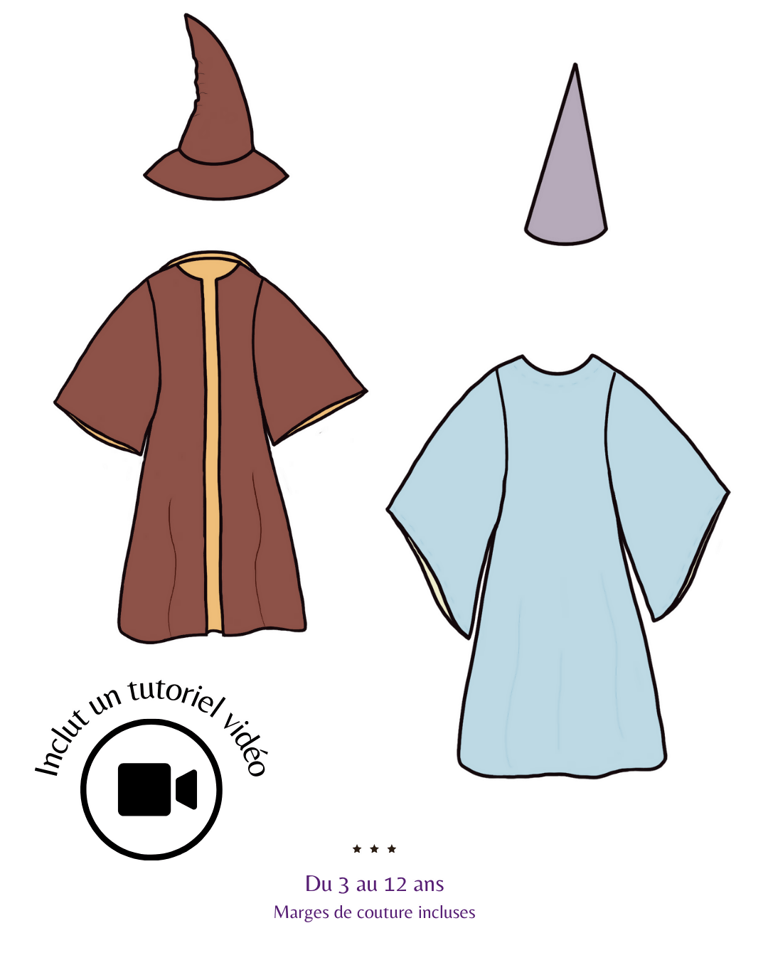 Déguisement ARTHUR avec robe et chapeau, patrons de couture PDF pour enfants de 3 à 12 ans, incluant un tutoriel vidéo.