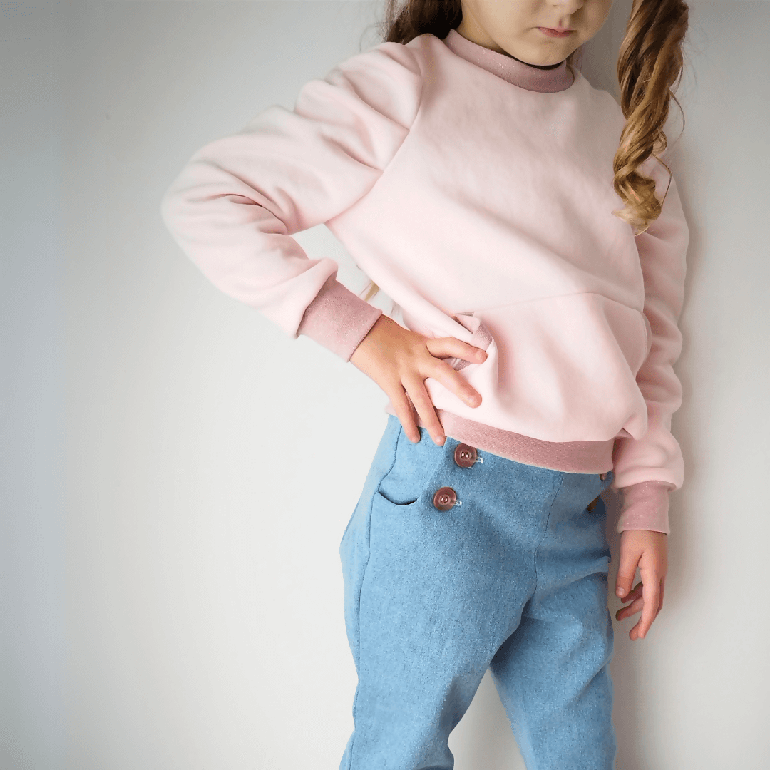 Sweat Calao pour enfants, taille 2 à 12 ans, en rose, avec des manches délicatement plissées.