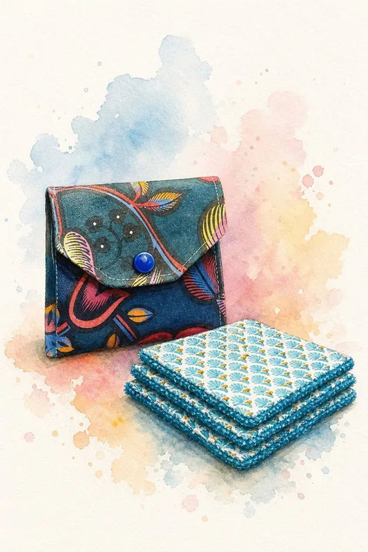 Pochette de voyage fermée par un bouton pression avec lingettes lavables carrées en tissu éponge empilées à côté — Patron PDF gratuit à télécharger et coudre