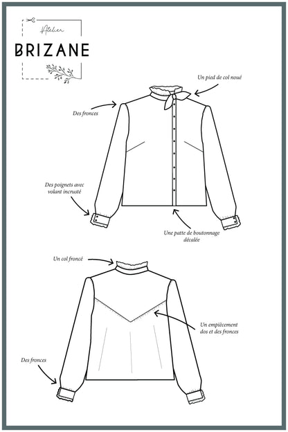 Illustration du modèle de blouse ENOÉ, montrant les fronces, le col noué et la patte de boutonnage décalée.