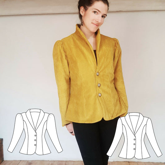 Veste Arybelle en velours jaune avec manches gigots, col châle, disponible du 32 au 60, style chic et moderne.