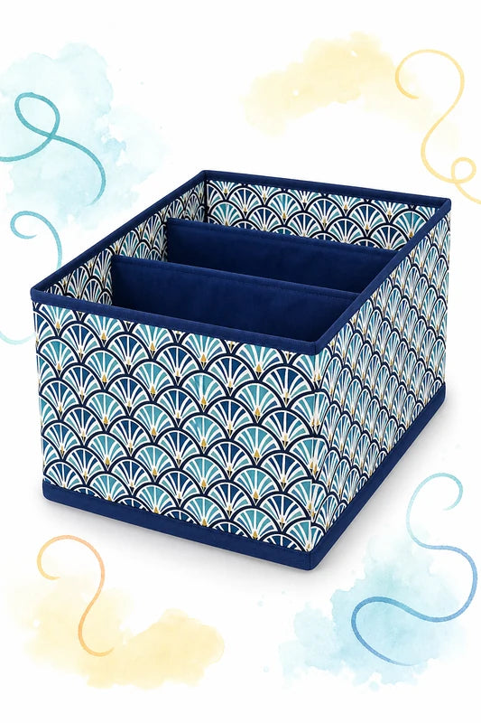 Organiseur d’armoire textile bleu avec compartiments, patron PDF gratuit.