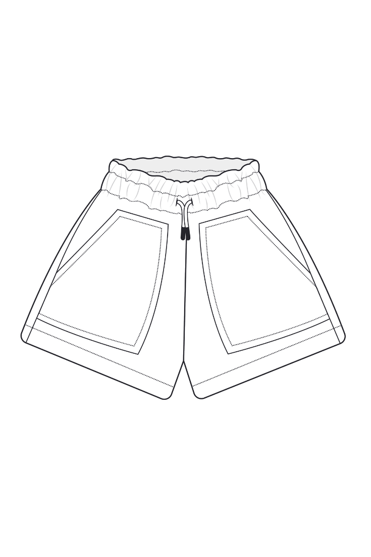 Dessin technique du short Figuette pour bébés et enfants, modèle PDF inclus, avec 11 tailles de 12 mois à 10 ans.